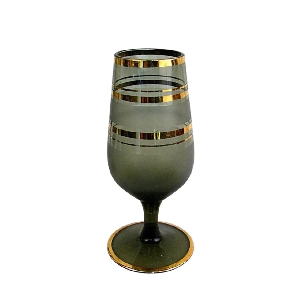 Vintage‎ Smoky Gray Gold Decanter Set 6 Cordial Glasses MCM Hollywood Regency